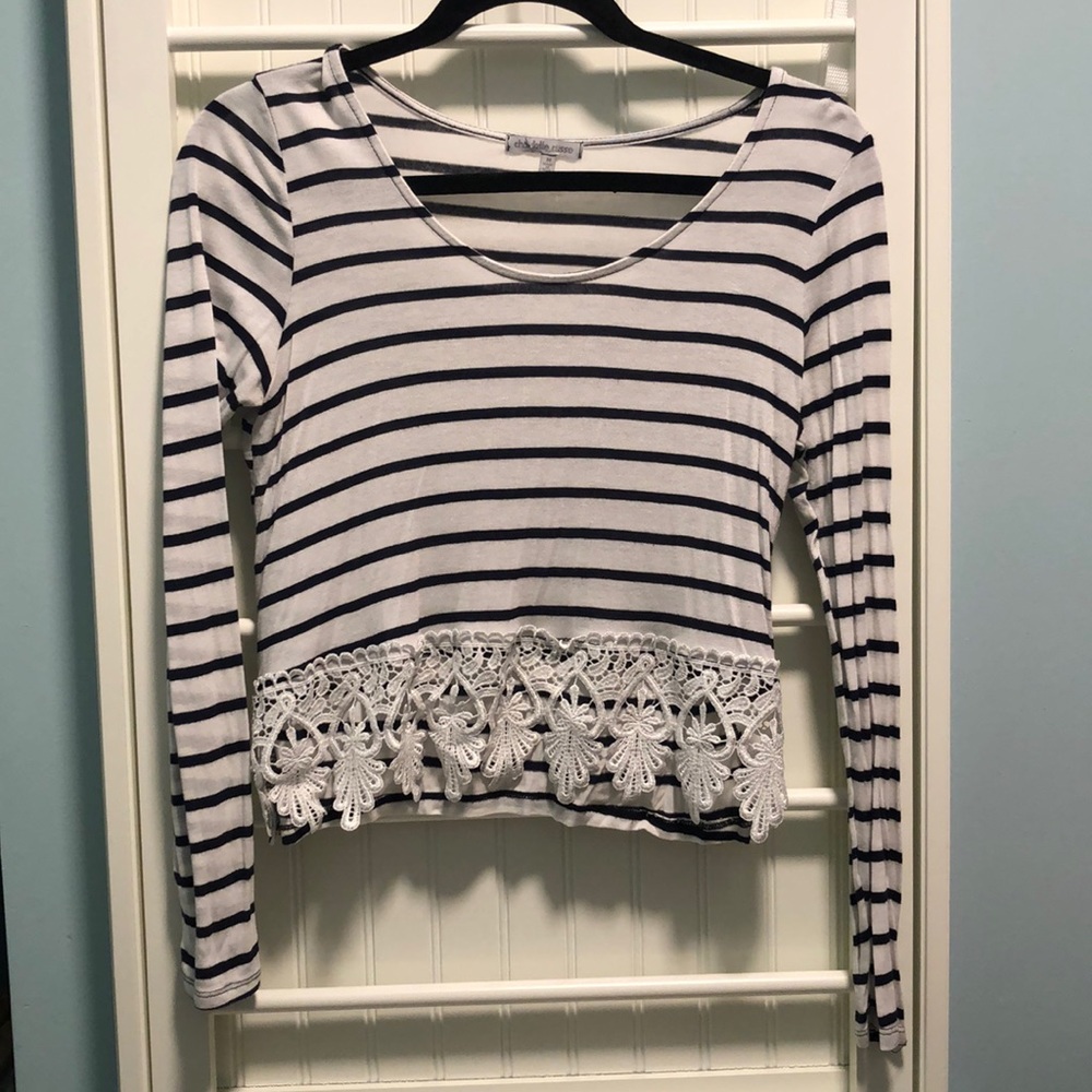 Navy Blue and White Striped Crop Top with Lace